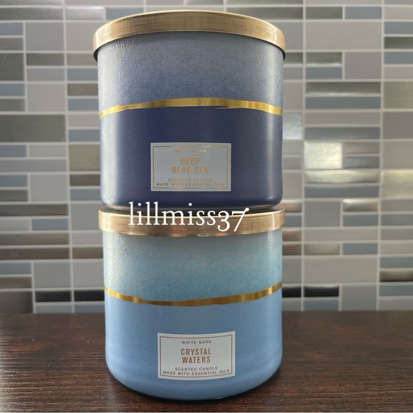 2X BRAND NEW BATH & BODY WORKS 3 WICK CANDLES CRYSTAL WATERS AND DEEP BLUE SEA - Picture 2 of 6